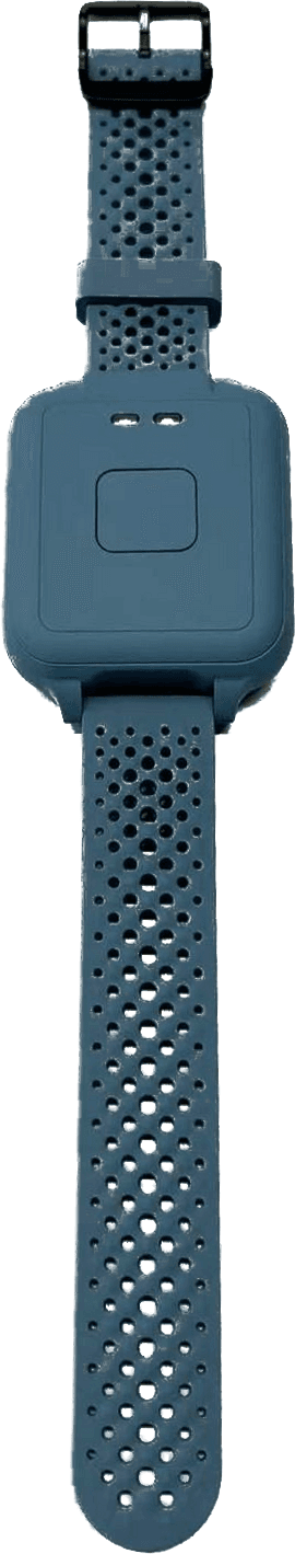 Das GCARE Armband flach von oben fotografiert, mit perforiertem Silikonband und einer quadratischen Taste am Gehäuse