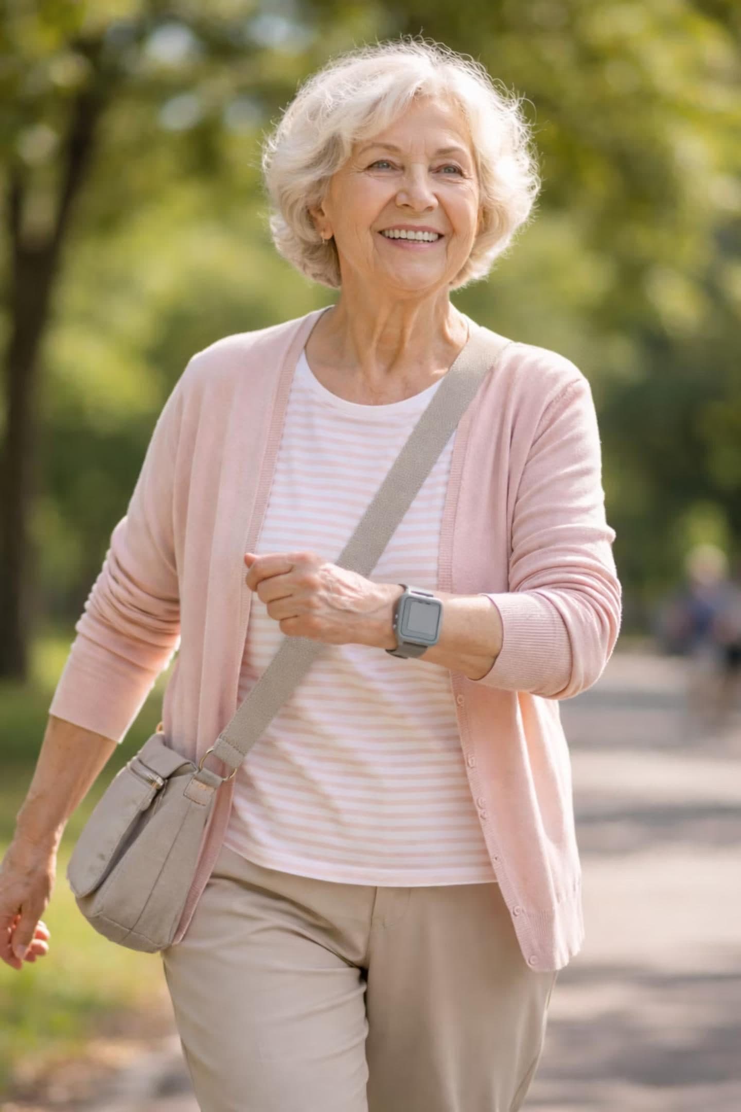 An older woman walking outdoors in daylight, smiling, with the bracelet on her wrist